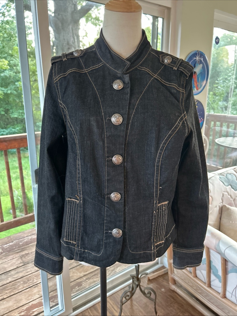 Vintage Old Navy Dark Blue Denim Military-Style Jacket with Contrast Stitching L - Picture 6 of 12